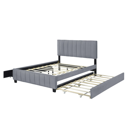 Elegant Velvet Upholstered Platform Bed with 2 Drawers and 1 Twin XL Trundle- Gray