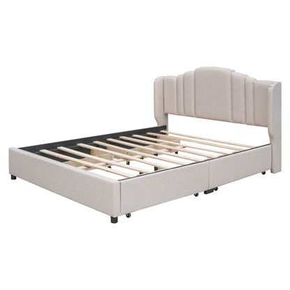 Mie Upholstered Platform Bed with Wingback Headboard and 4 Drawers