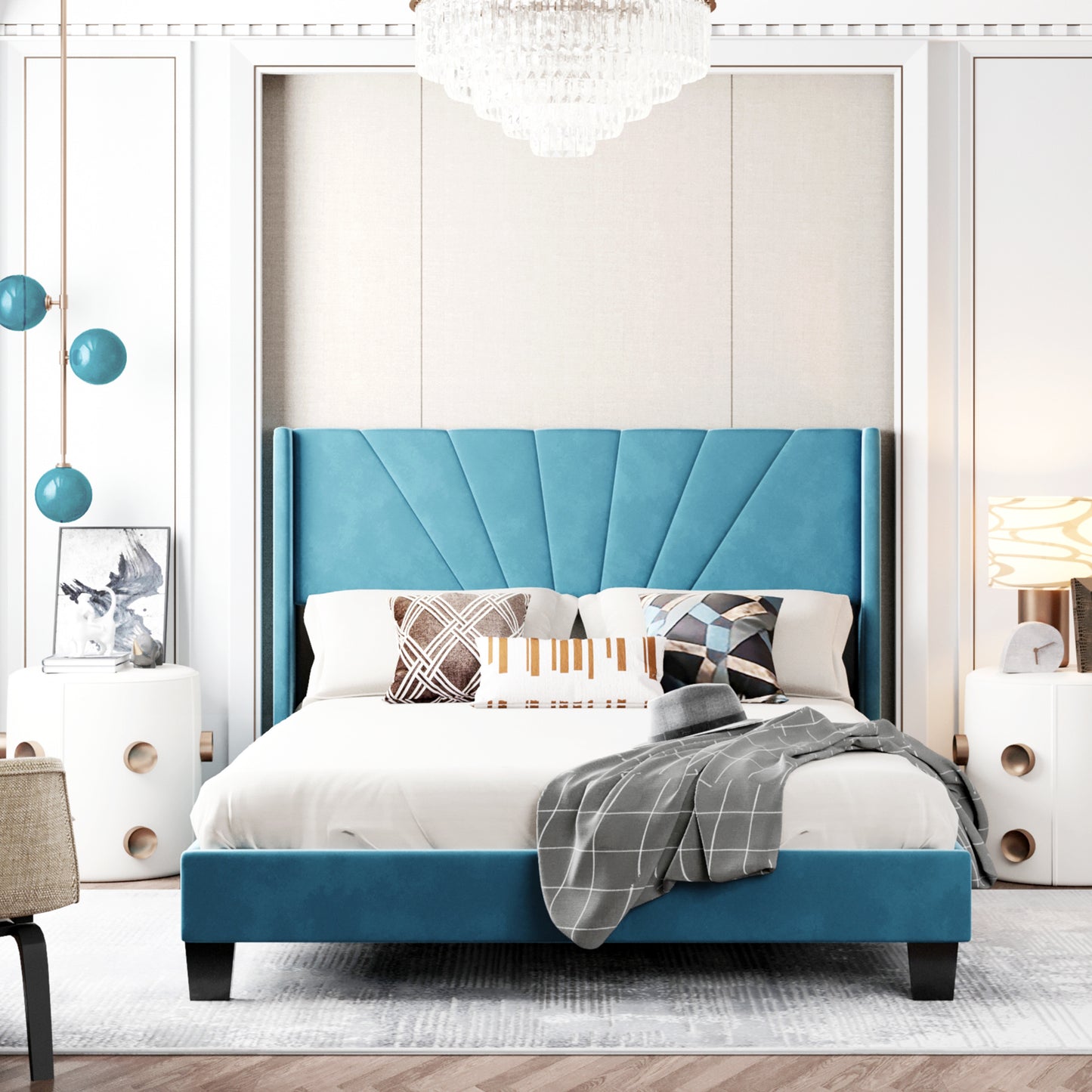 queen size velvet upholstered platform bed, blue