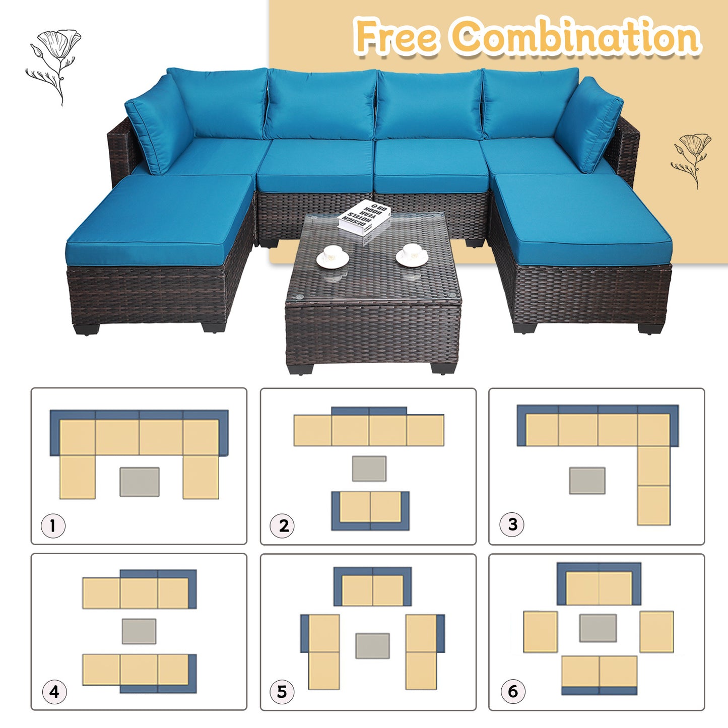 7 pieces outdoor patio sectional sofa couch set with washable cushions & glass coffee table