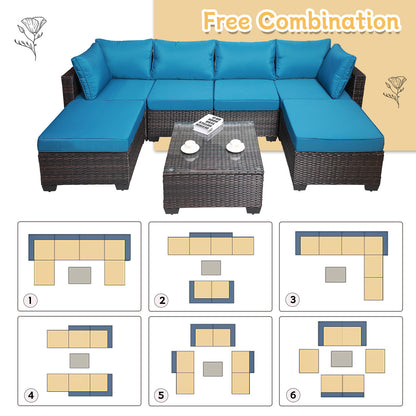 7 Pieces Outdoor Patio Sectional Sofa Couch Set with Washable Cushions & Glass Coffee Table