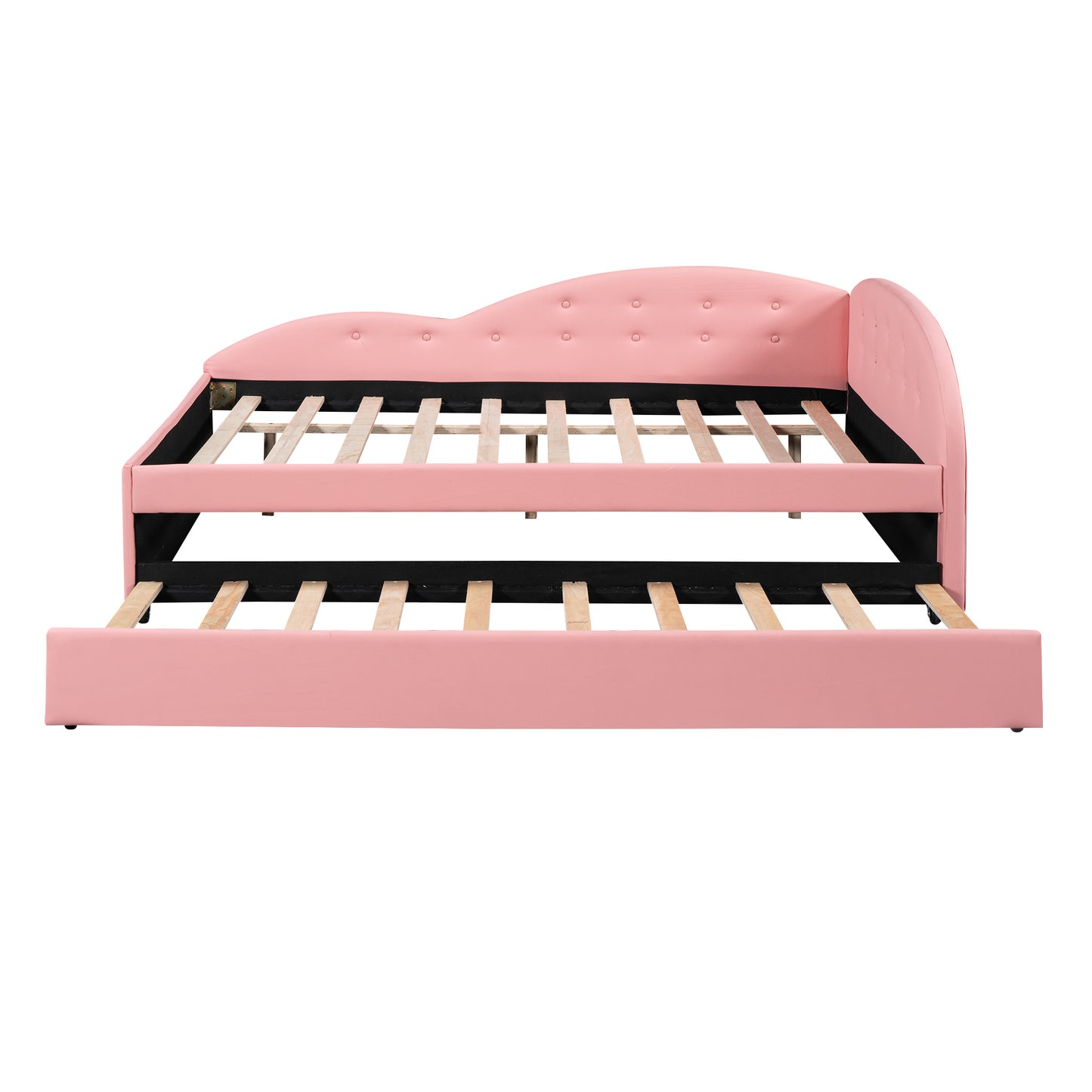 pu upholstered tufted daybed with trundle and cloud shaped guardrail, pink