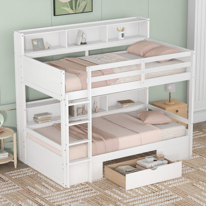 Twin Size Bunk Bed with Built-in Shelves, White
