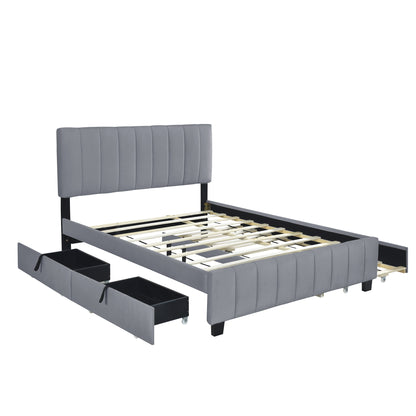 Elegant Velvet Upholstered Platform Bed with 2 Drawers and 1 Twin XL Trundle- Gray