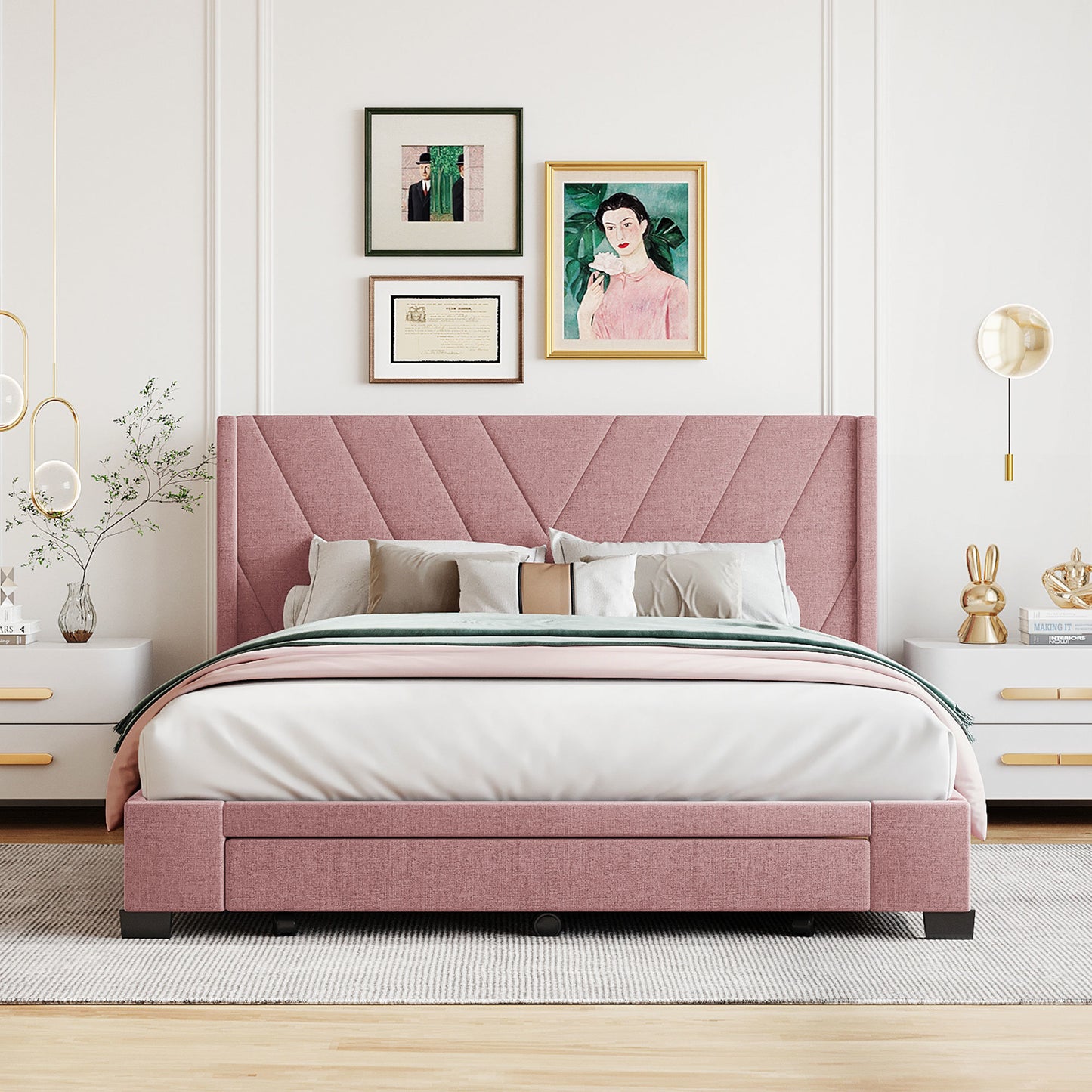 amber storage bed linen upholstered platform bed with 3 drawers (pink)