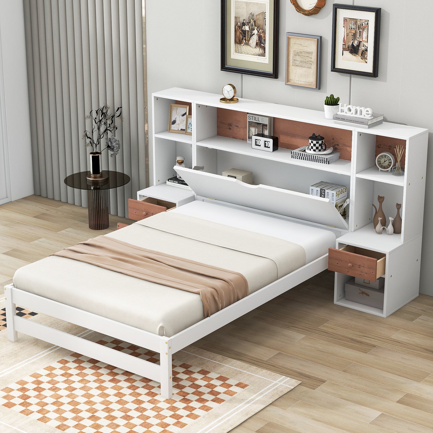 twin size platform bed with storage headboard and drawers, white