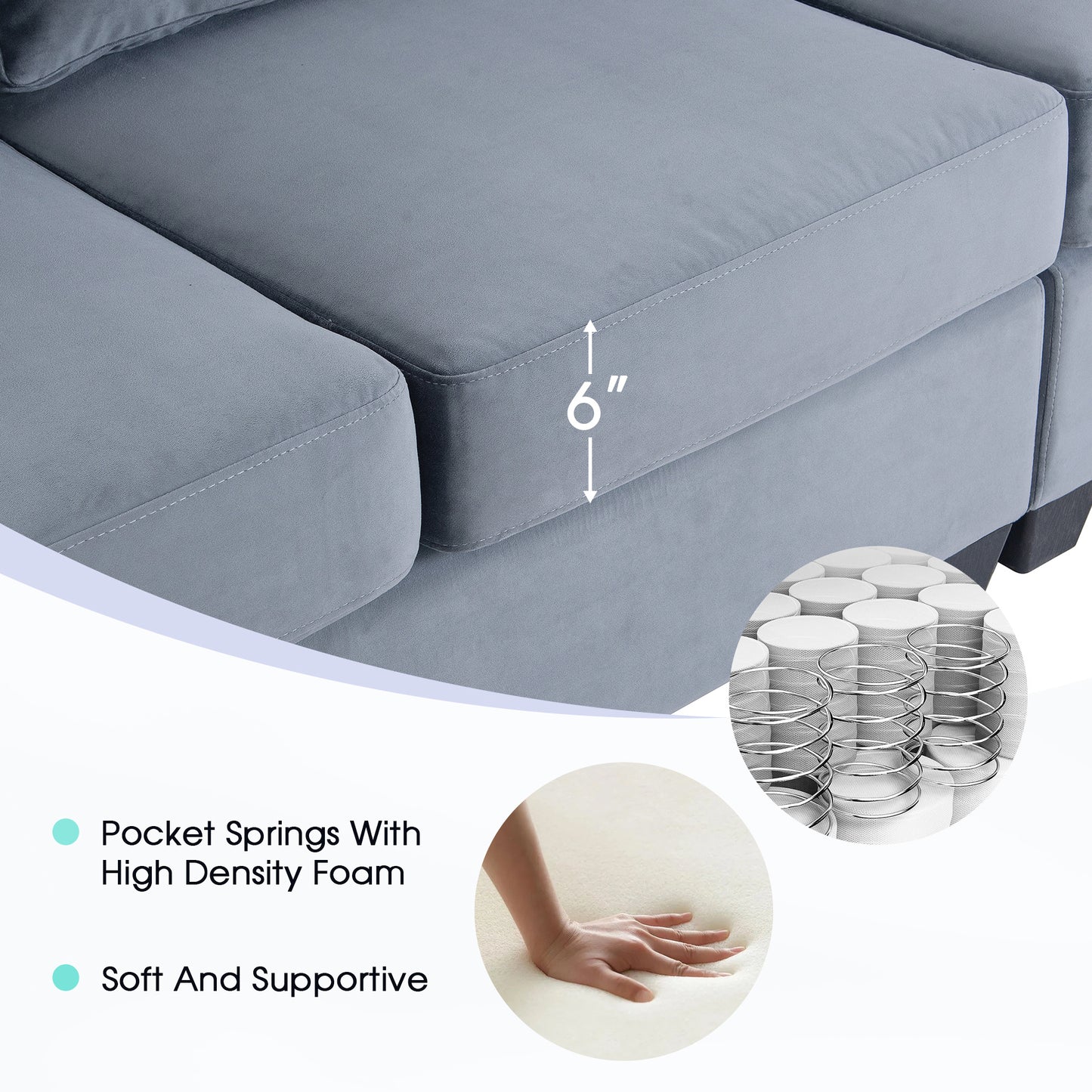 modern l shape sectional sofa with usb charging port, grey