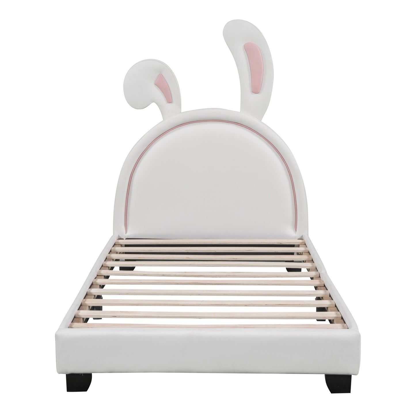 twin size upholstered leather platform bed with rabbit ornament, white