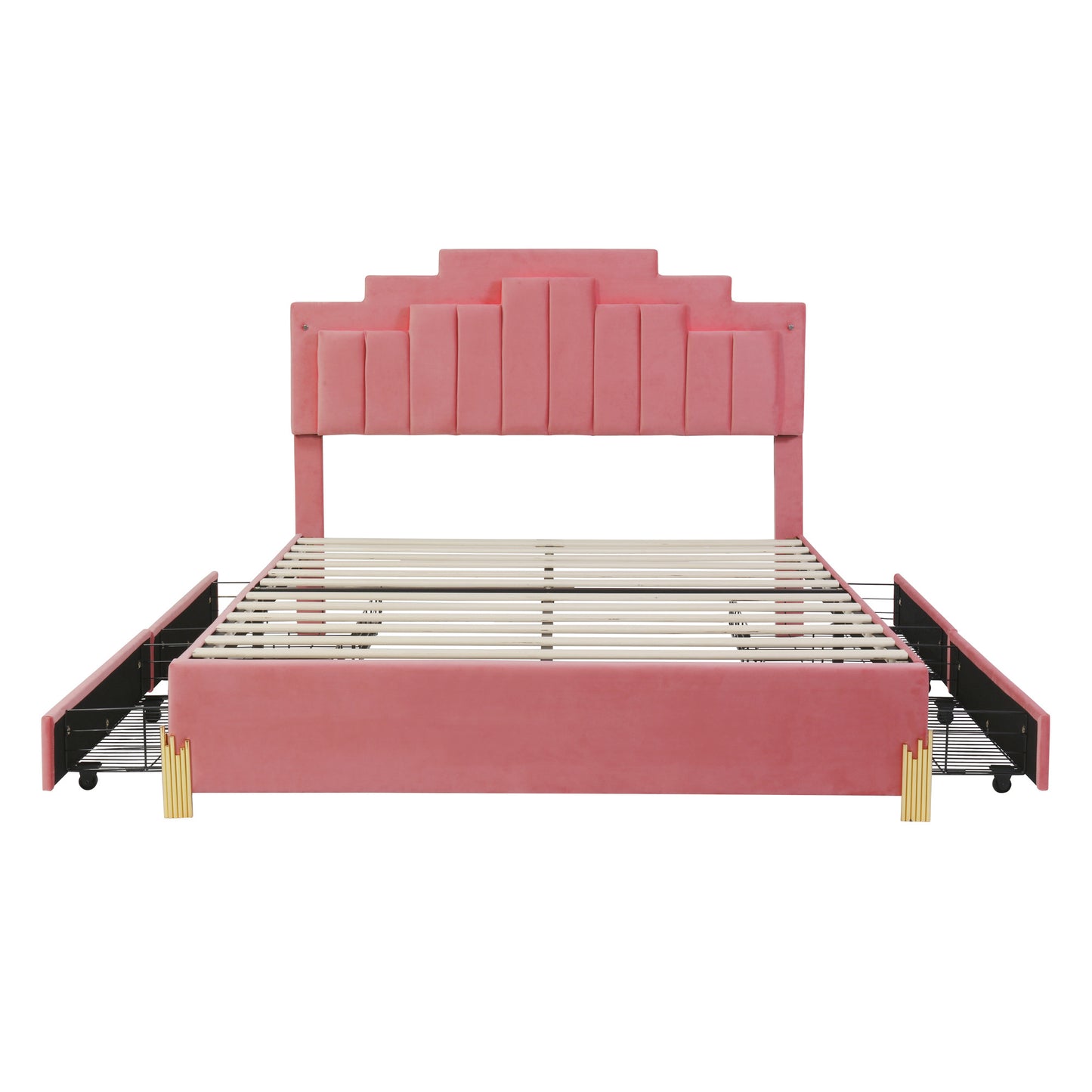 irregular upholstered platform bed with led lights and 4 drawers, pink