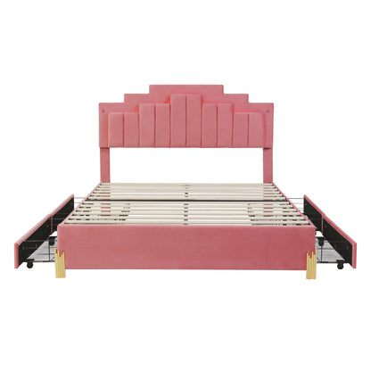 Irregular Upholstered Platform Bed with LED Lights and 4 Drawers, Pink