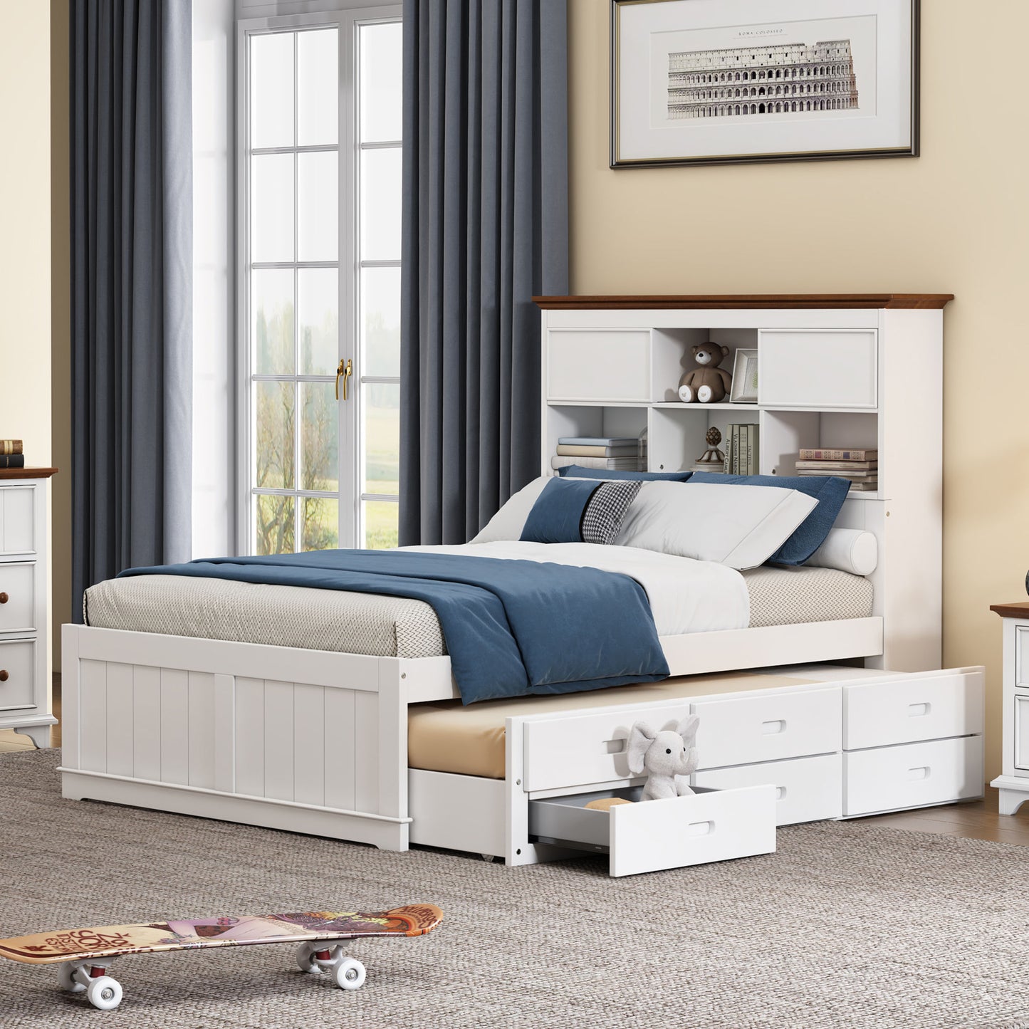 wooden captain bed with trundle and nightstand, white+walnut
