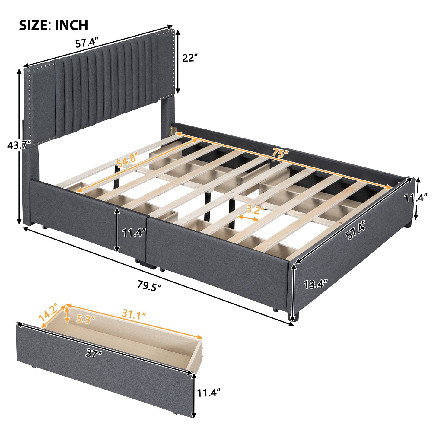 upholstered platform bed with classic headboard and 4 drawers, gray
