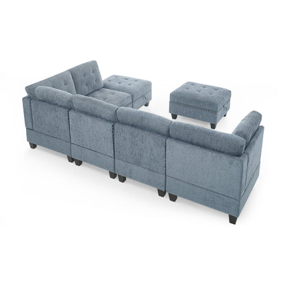 L shape Modular Sectional Sofa includes 2 Ottomans, Navy Blue