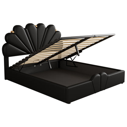 Upholstered Petal Shaped Platform Bed with Hydraulic Storage System, PU Storage Bed, Black