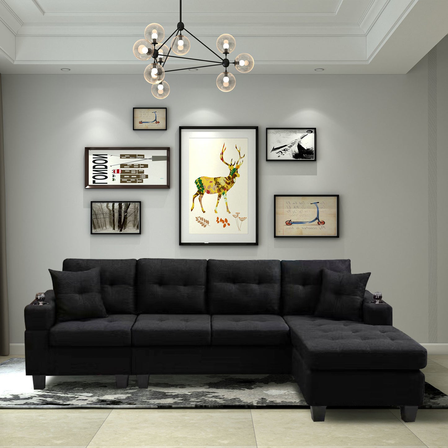 right sectional sofa with footrest, black