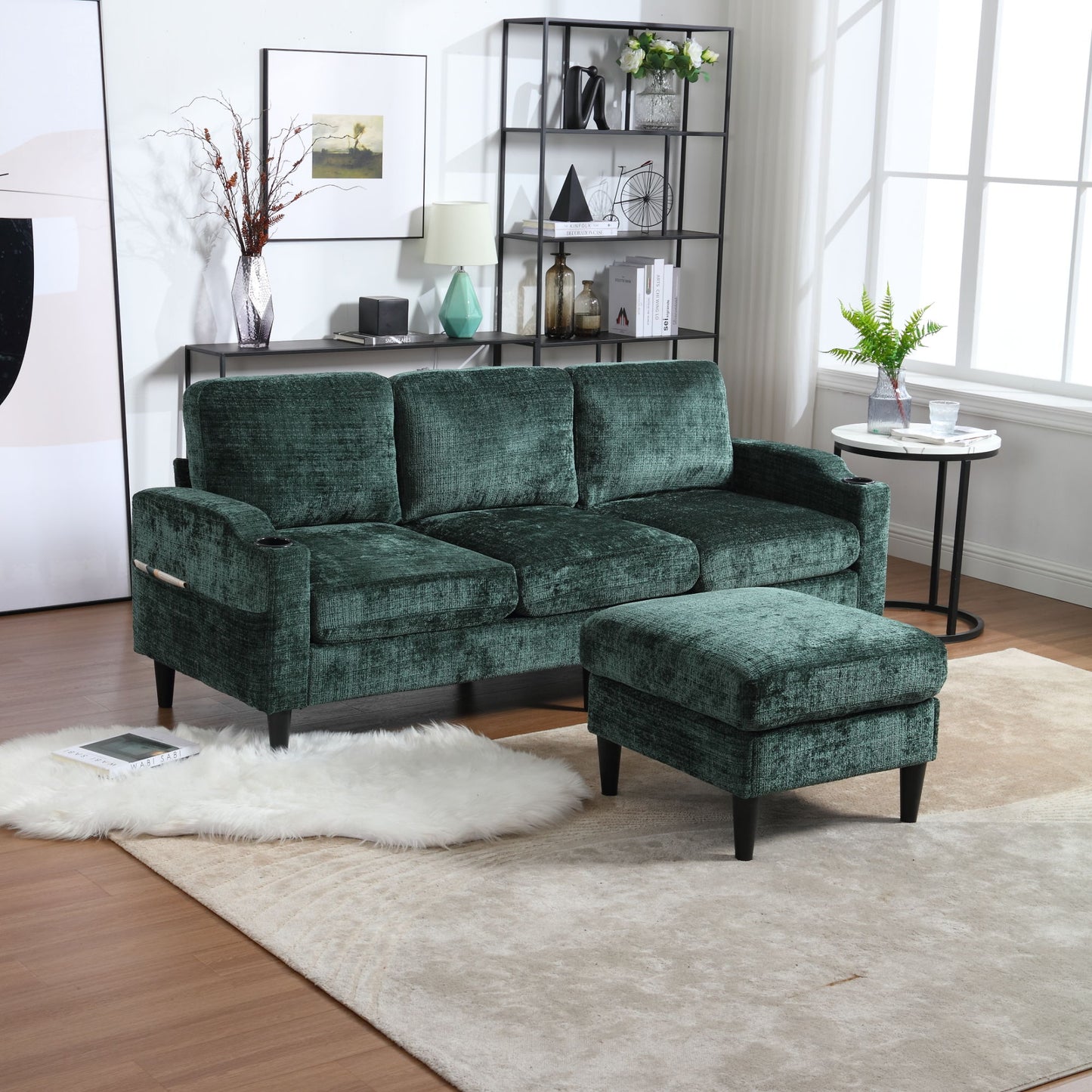 zara storage/ cupholder sectional sofa, green