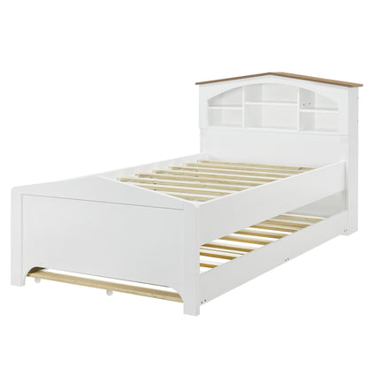 House-shaped Bed with Storage Headboard and Trundle, White