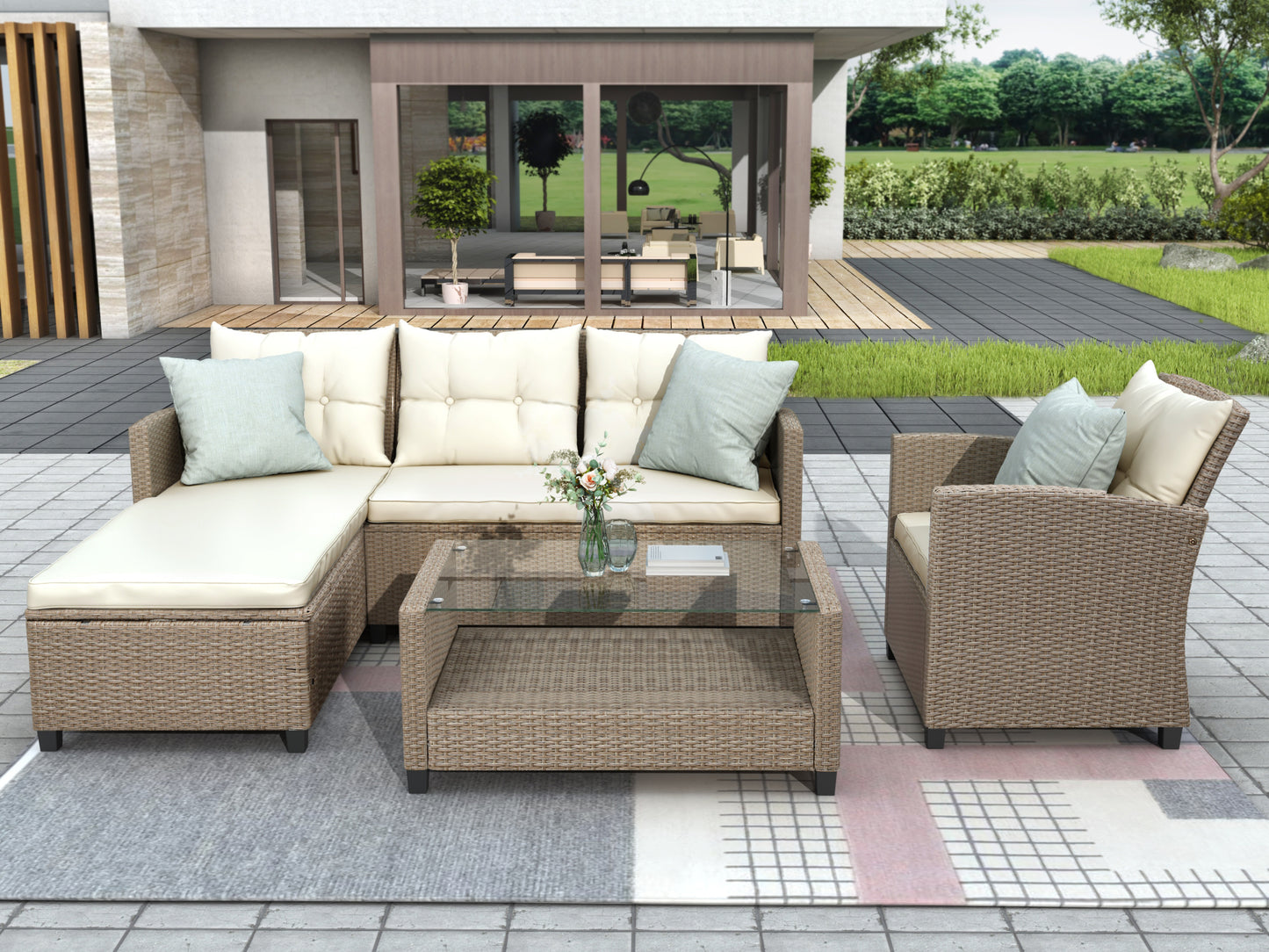 4 piece wicker ratten sectional sofa set with seat cushions, beige brown