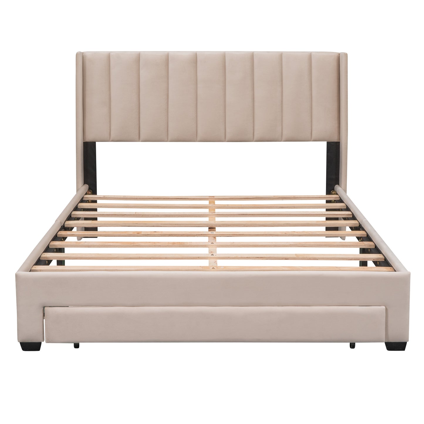 velvet upholstered platform bed with a big drawer