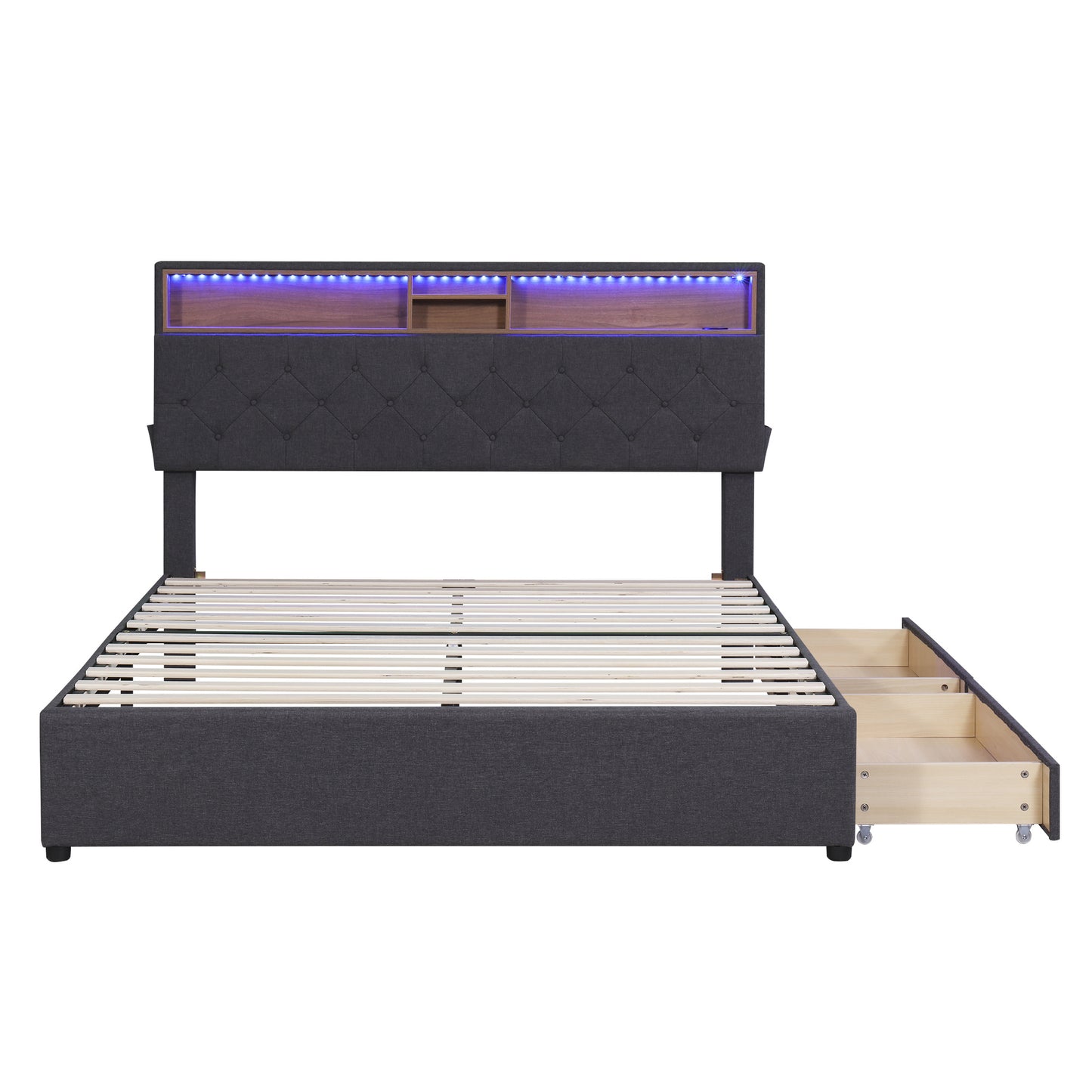 upholstered platform bed with storage headboard, led, usb charging and 2 drawers