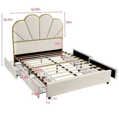 Upholstered Smart Platform Bed with 4-Drawers Strong Wood Slats, White