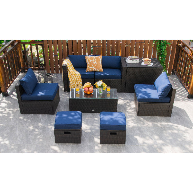 8 pieces patio space-saving rattan furniture set with storage box and waterproof cover