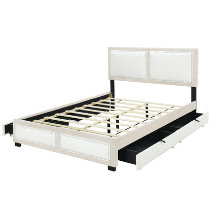 Teddy Upholstered Platform Bed with Large Rivet-decorated Backrests and 4 Drawers, Velvet Beige+White