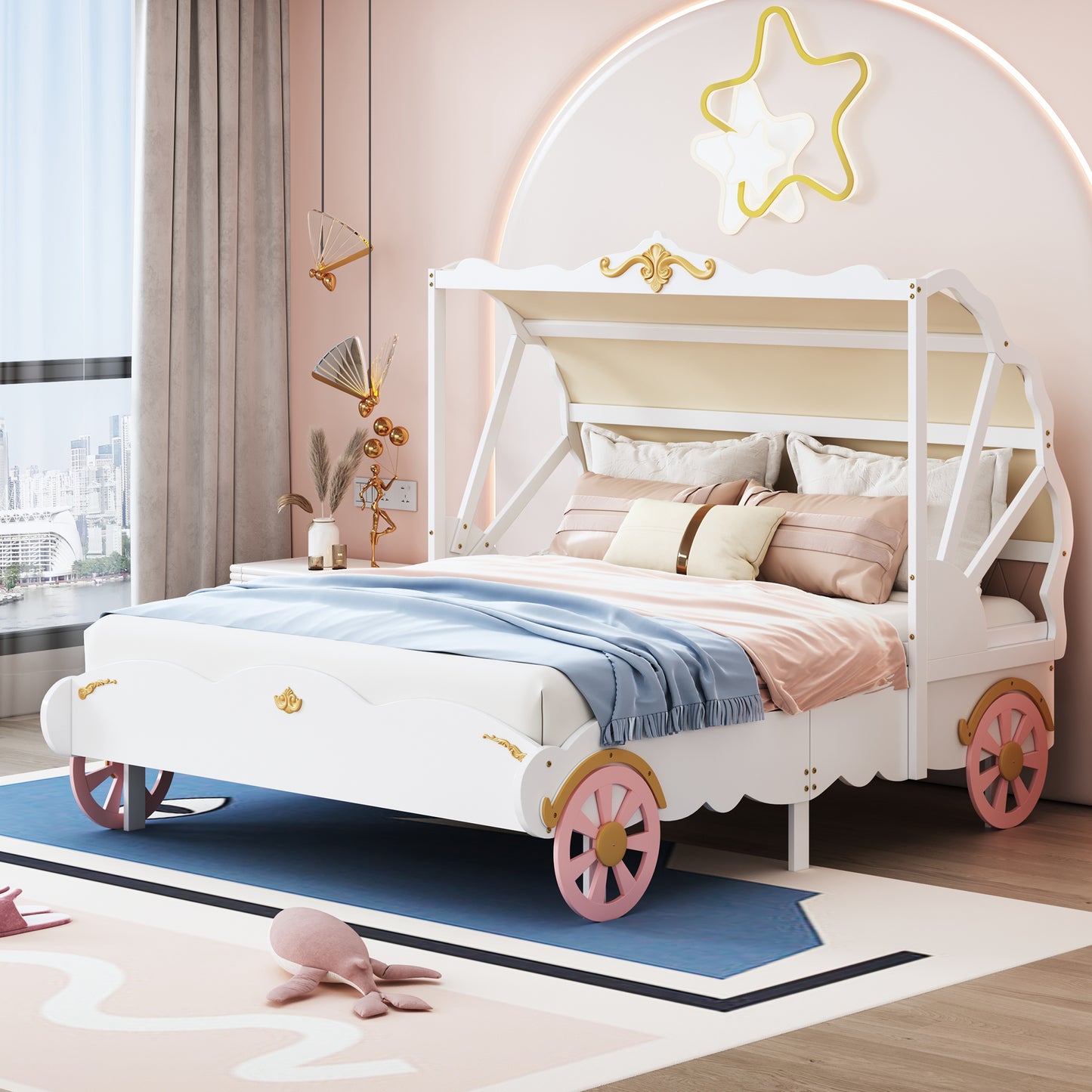 princess carriage bed with canopy, white+pink+gold
