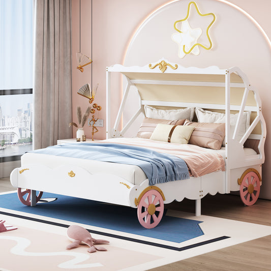 Princess Carriage Bed with Canopy, White+Pink+Gold