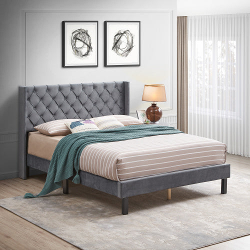 linen button tufted-upholstered bed with curve design