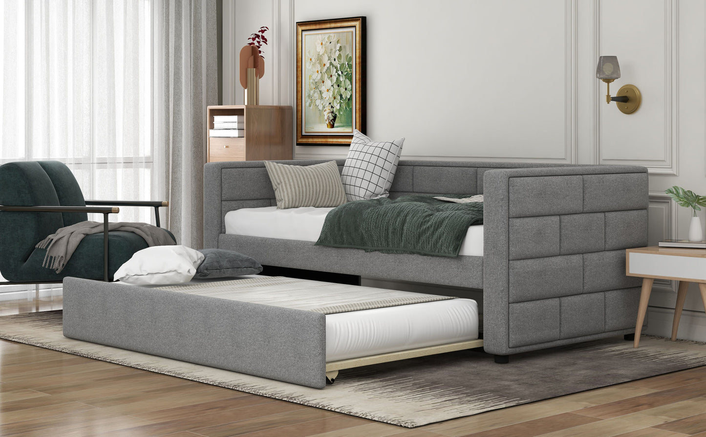 upholstered bed with padded back, gray