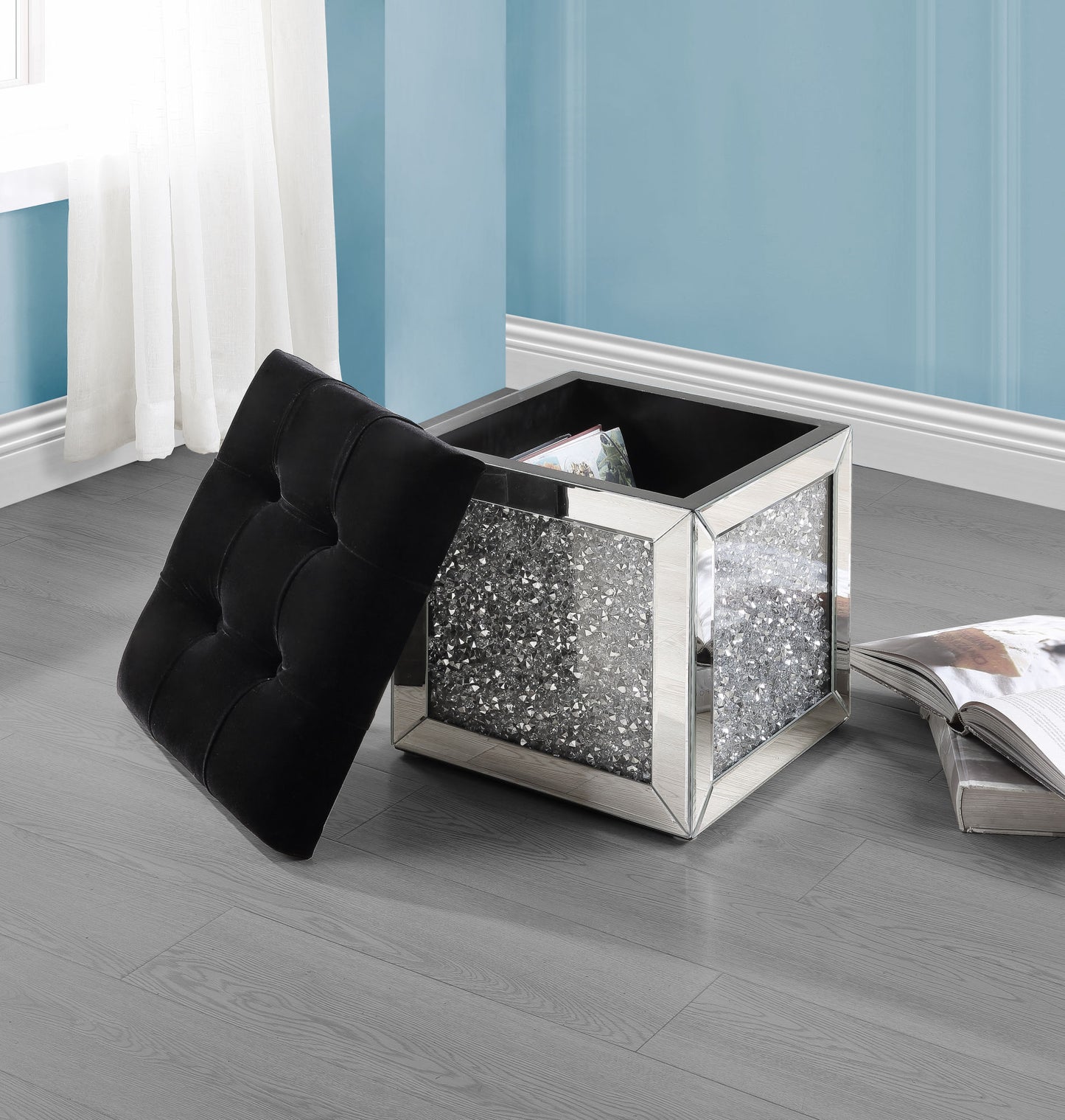 acme noralie ottoman w/storage mirrored & faux diamonds