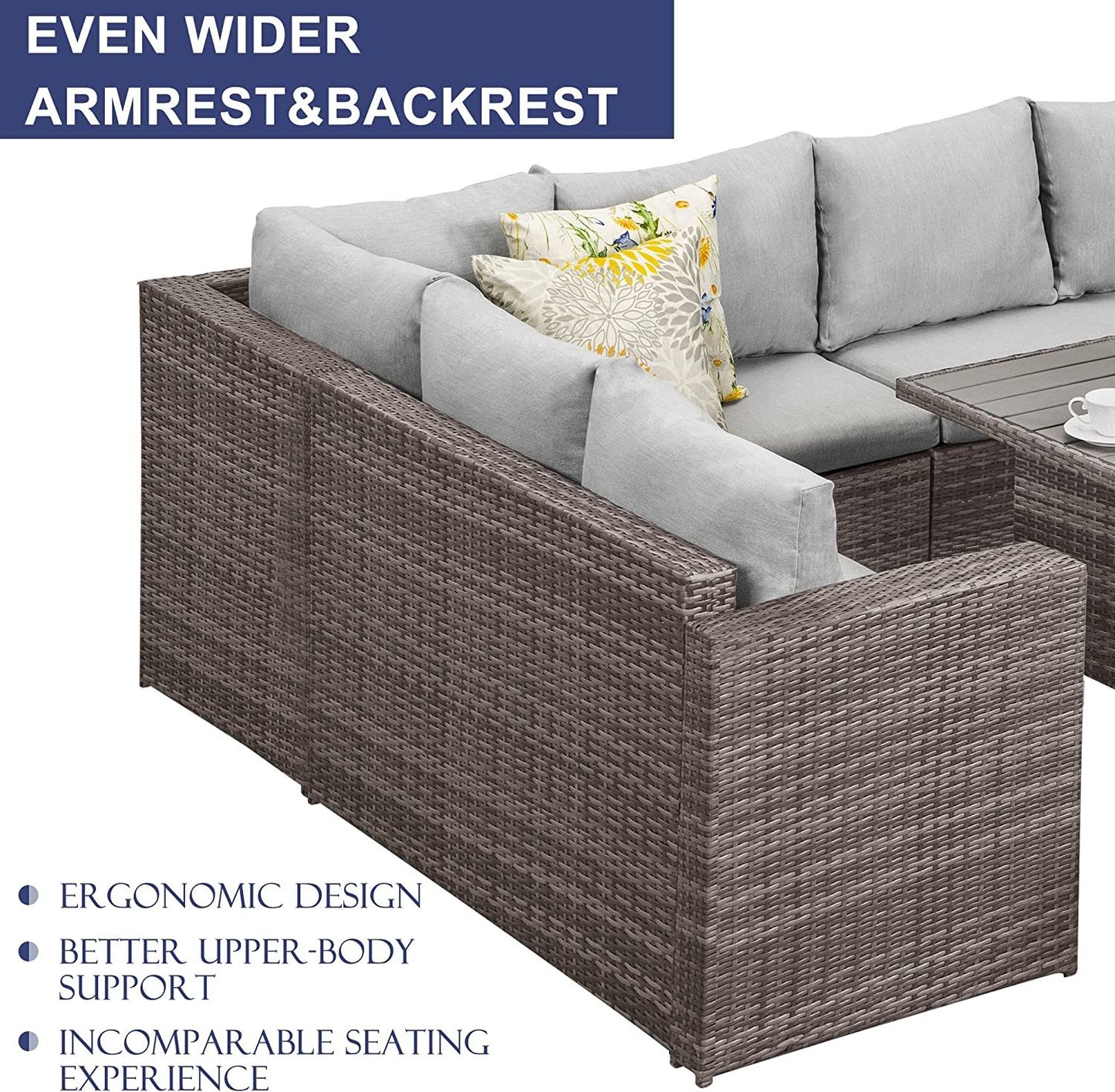 7-pieces pe rattan wicker patio dining sectional cusions sofa set with grey cushions