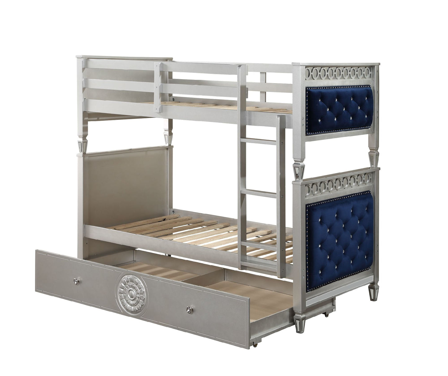 acme varian bunk bed, blue velvet & silver finish