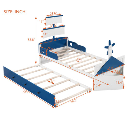Boat-Shaped  Bed with Twin size Trundle & Storage, Blue