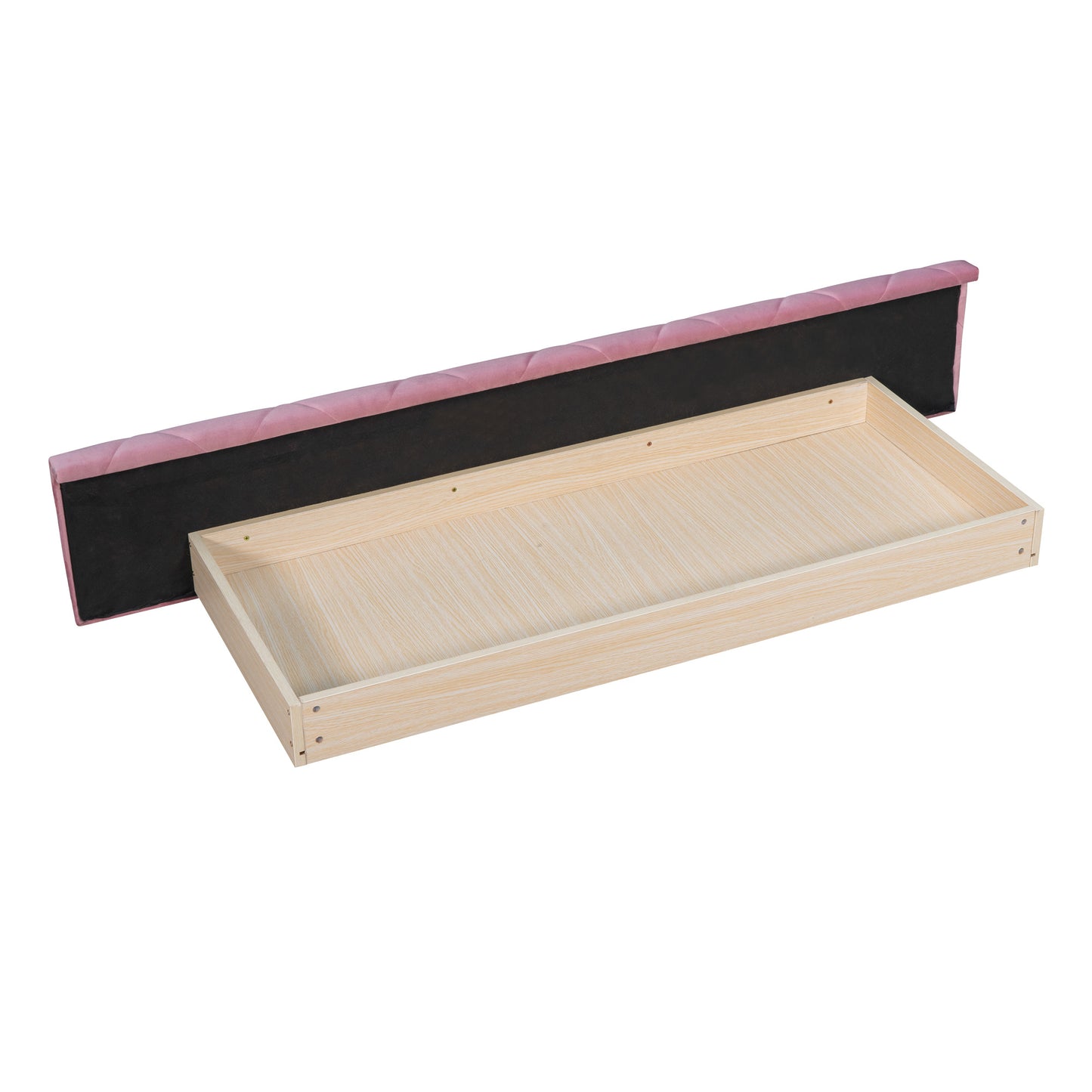 upholstered velvet platform bed with wingback headboard and 1 big drawer; 2 side storage stool