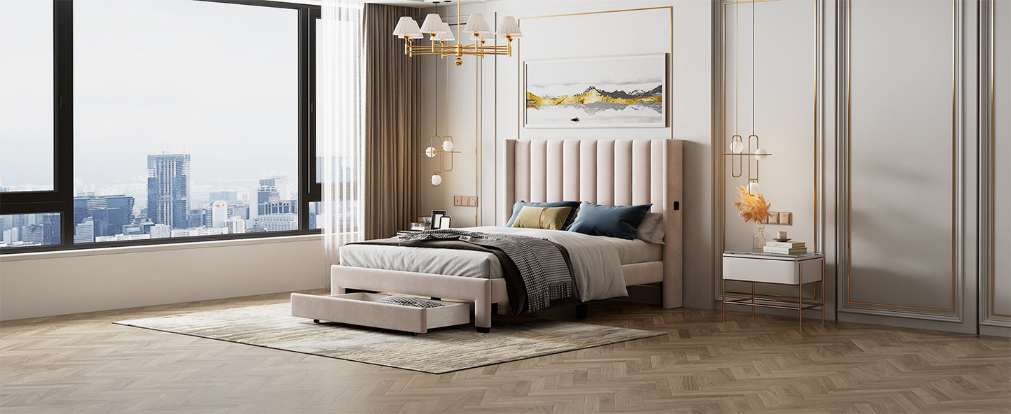 queen size storage bed velvet upholstered platform bed with a big drawer - beige