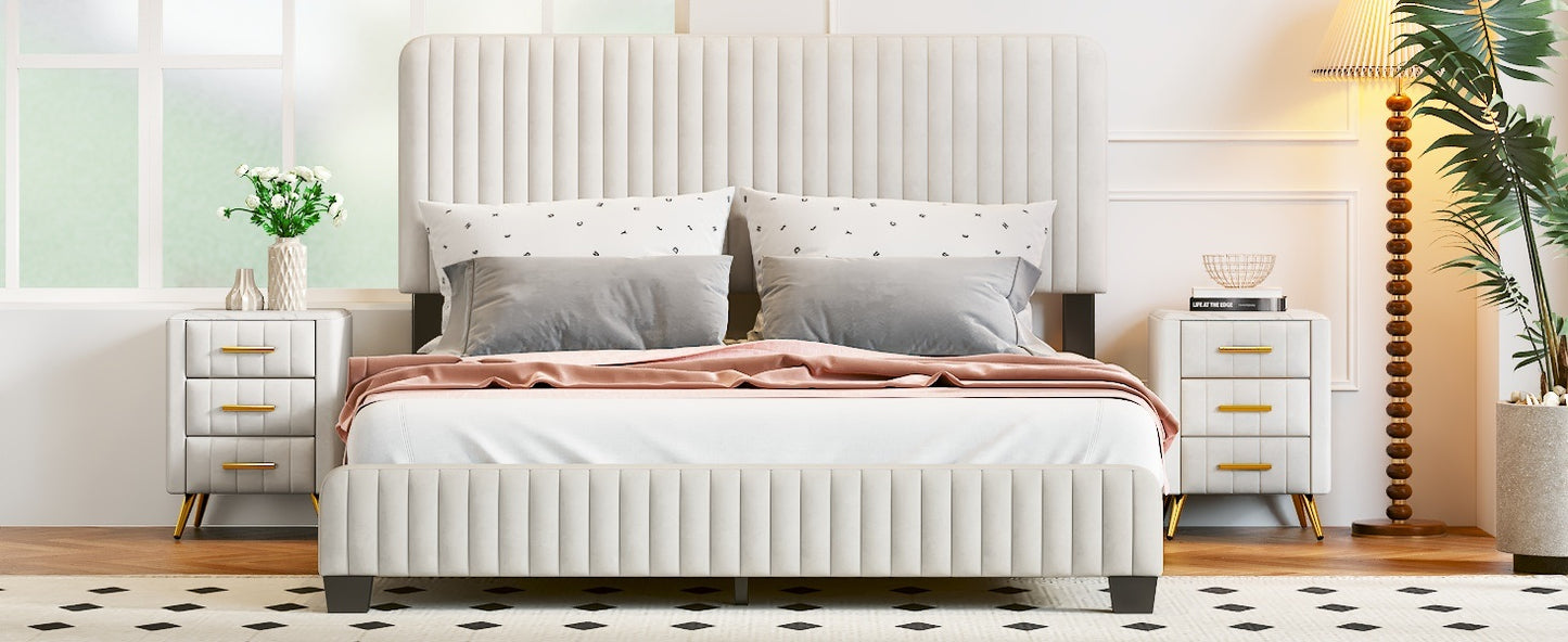 queen size upholstered platform bed, beige