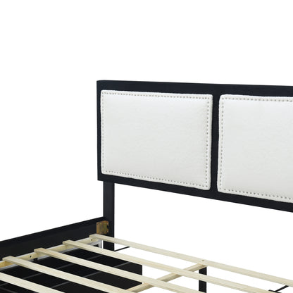 Teddy Upholstered Platform Bed with Large Rivet-decorated Backrests and 4 Drawers, Velvet Black+White