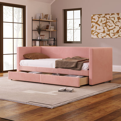 Corduroy Bed with Two Drawers and Wood Slat, Pink