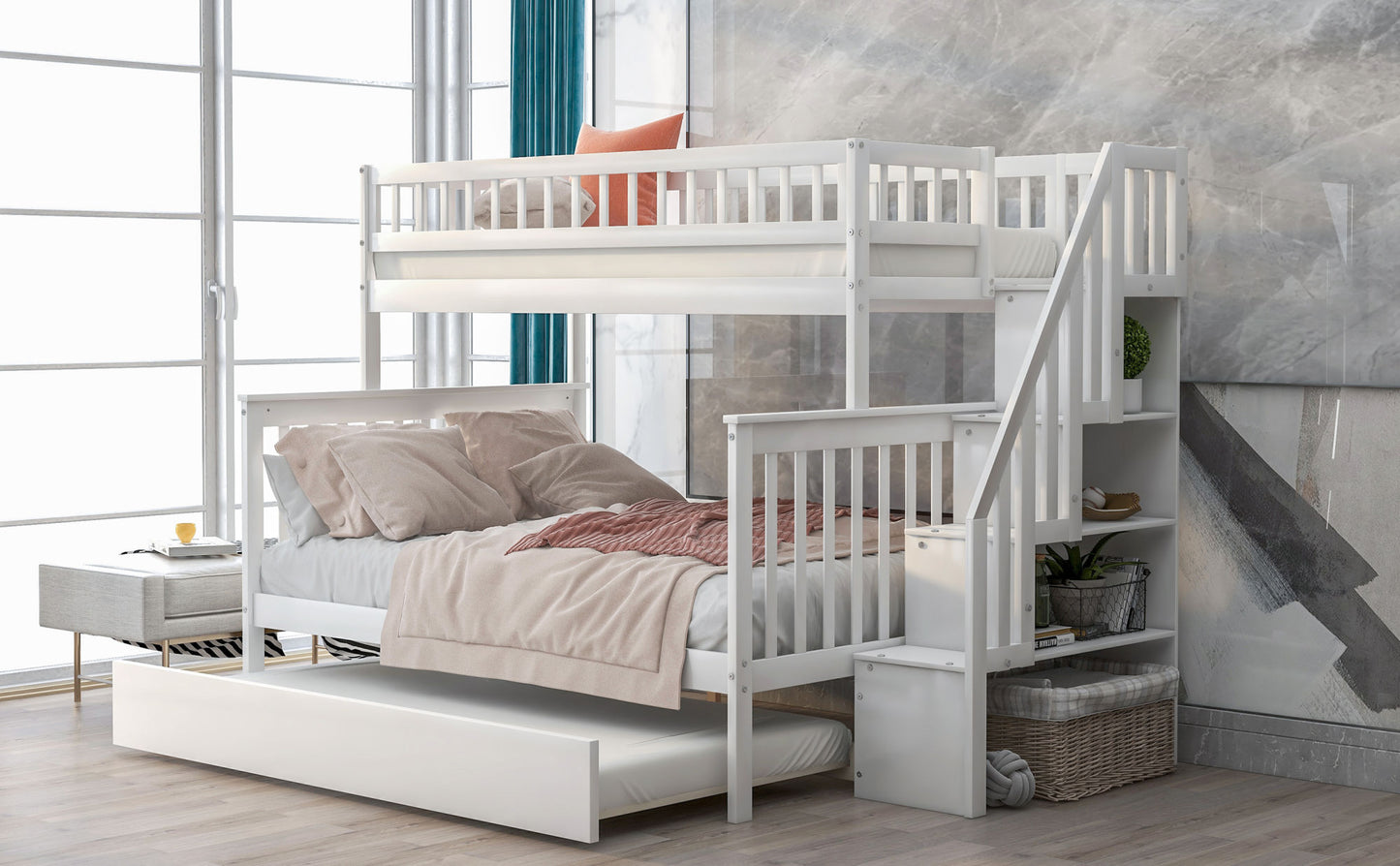 twin over full bunk bed with trundle and staircase,white