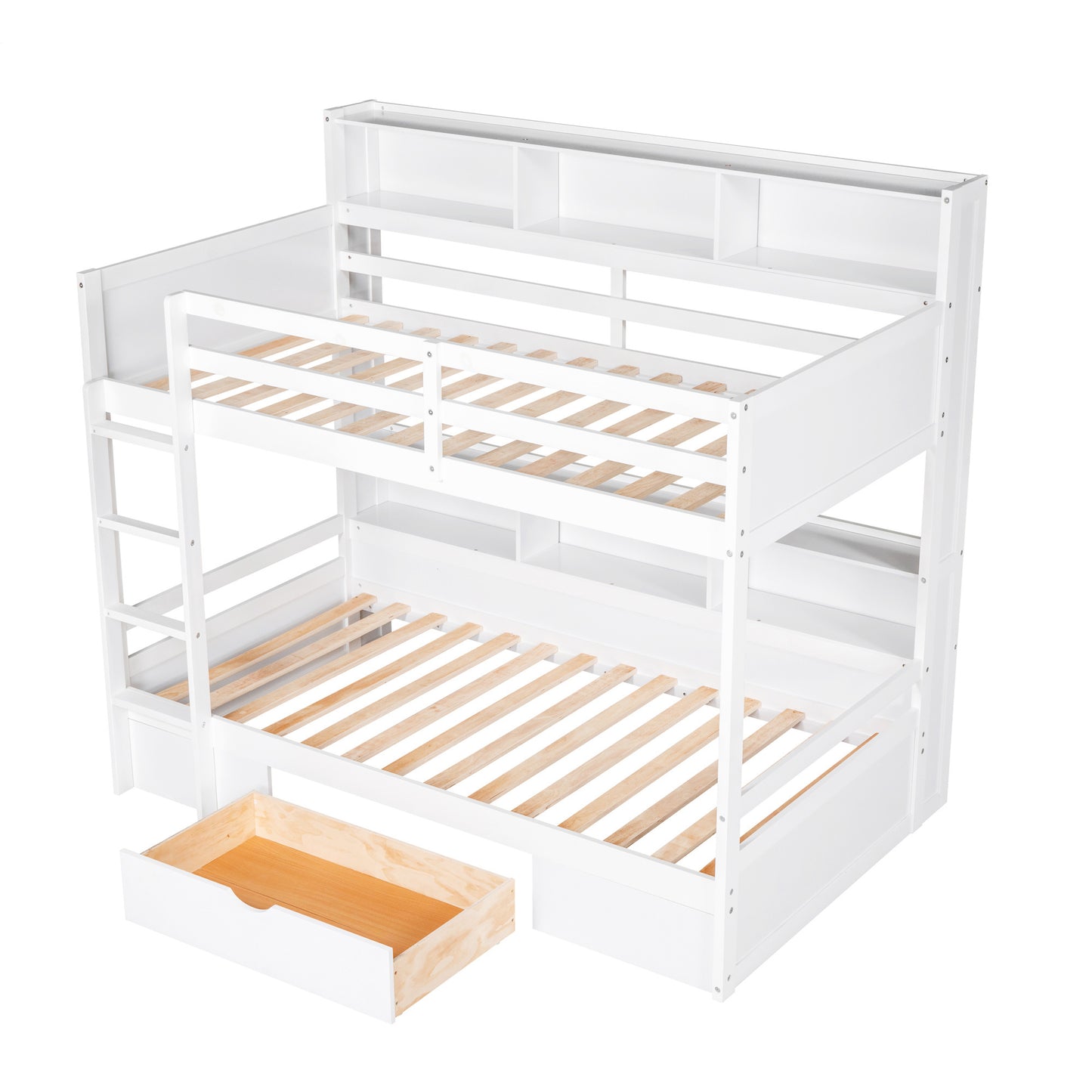 twin size bunk bed with built-in shelves, white