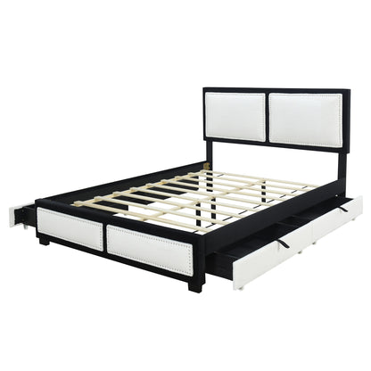 Teddy Upholstered Platform Bed with Large Rivet-decorated Backrests and 4 Drawers, Velvet Black+White