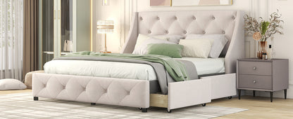 Upholstered Platform Bed with Wingback Tufted Headboard and 4 Drawers, Beige