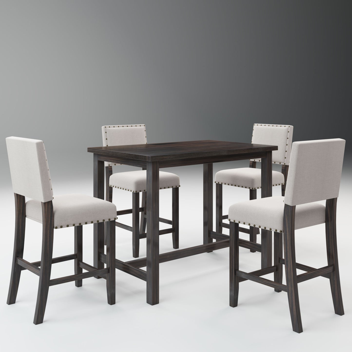 5 piece rustic wooden counter height dining table set, espresso+ beige