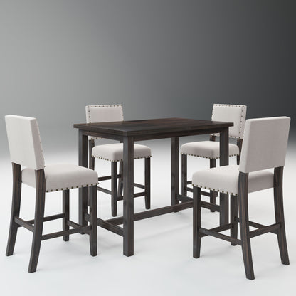 5 Piece Rustic Wooden Counter Height Dining Table Set, Espresso+ Beige