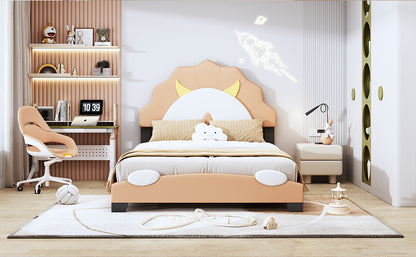 Upholstered Leather Platform Bed with Lion-Shaped Headboard, Brown