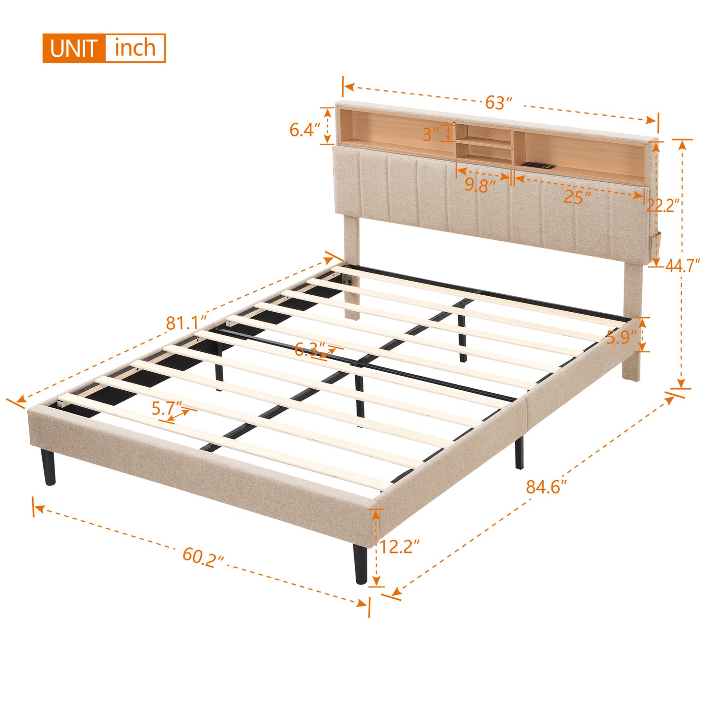 upholstered platform bed with storage headboard and usb port