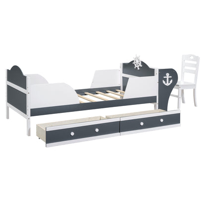 Boat-Shaped Platform Bed with Two Drawers, Desk and Chair, White+Gray