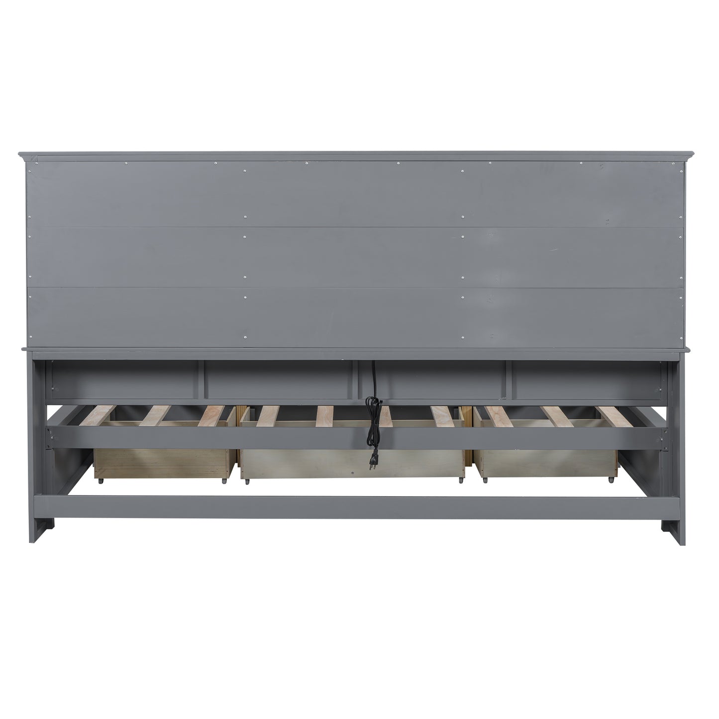 wood bed with multi-storage shelves, charging station and 3 drawers, gray